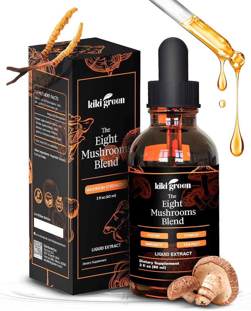 Kiki Green 8 Mushrooms Sıvı Ekstraksiyon - Bilişsel Destek için Adaptojenik Kompleks, Immunity Boost - Lions Mane Supplement, Cordyceps, Chaga, Reishi, Shiitake, Maitake, Red Reishi