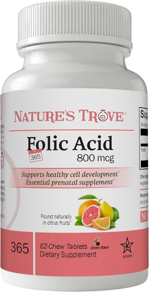 Nature's Trove Folic Acid 800 mcg (B9 Vitamin) 365 EZ Chew Tabletler Cherry Flavor