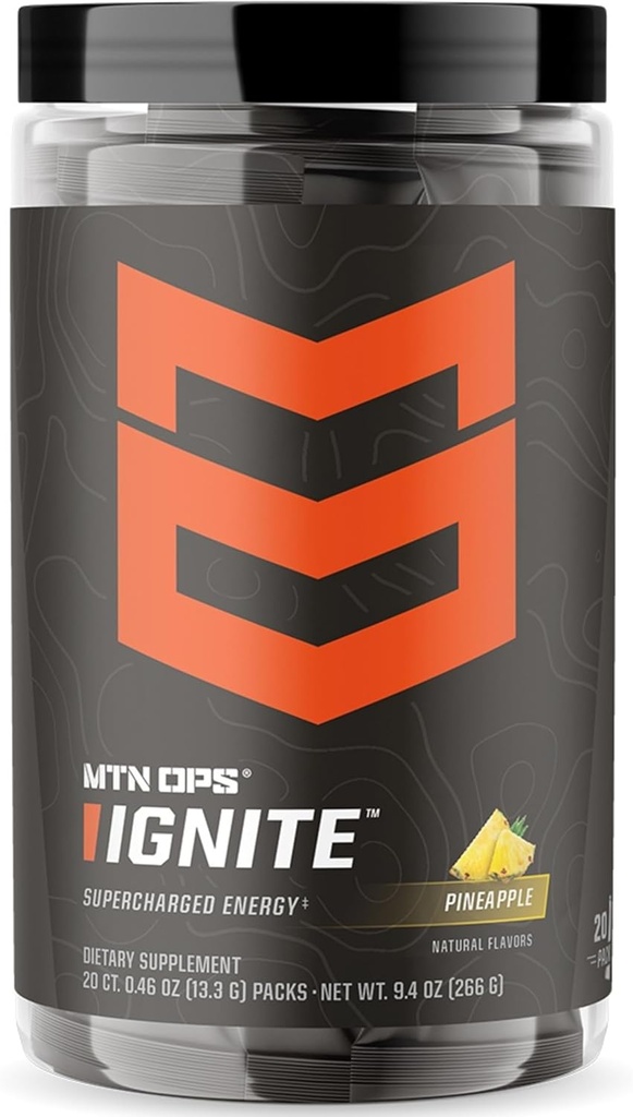 MTN OPS Ignite Trail Packs Energy Drink Toz, Gluten Free Nootropic Supplement Drink Mix, L Arginine, L Citrulline, Caffeine & Nootropic Sugar Free Drink Mix, 20 Services, Pineapple Crush