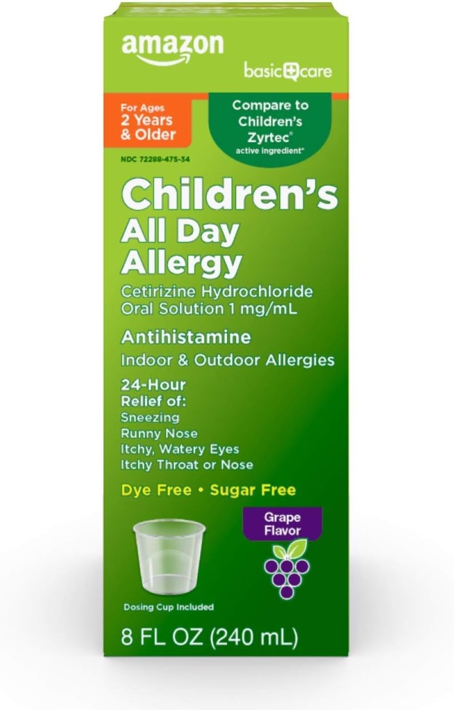 Çocuklar için Temel Bakım 24 Saat Antivirüs Yardımı, Cetirizine Oral Oral Çözüm 1 mg/mL, Grape Flavor, Dye Free, 8 fl oz (Paket 1)