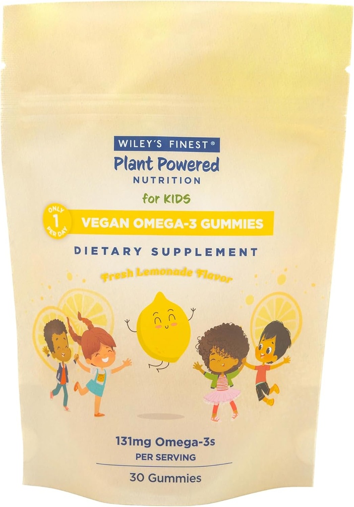 Wiley's Finest Kids Vegan Omega-3 Gummies - Φυσική Ζάχαρη - Χορτοφαγική DHA, ALA & SDA - Χωρίς γλουτένη - Λεμόνι Γεύση, 30 Gummies