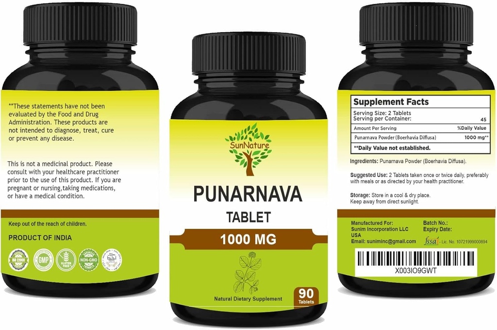 Punarnava Tabletleri 90 Tablet, 1000 mg / 45 Gün Supply| Herbal Tabletleri / Herbal Supplements / Vegan | Boerhaavia diffusa | Hindistan'dan |