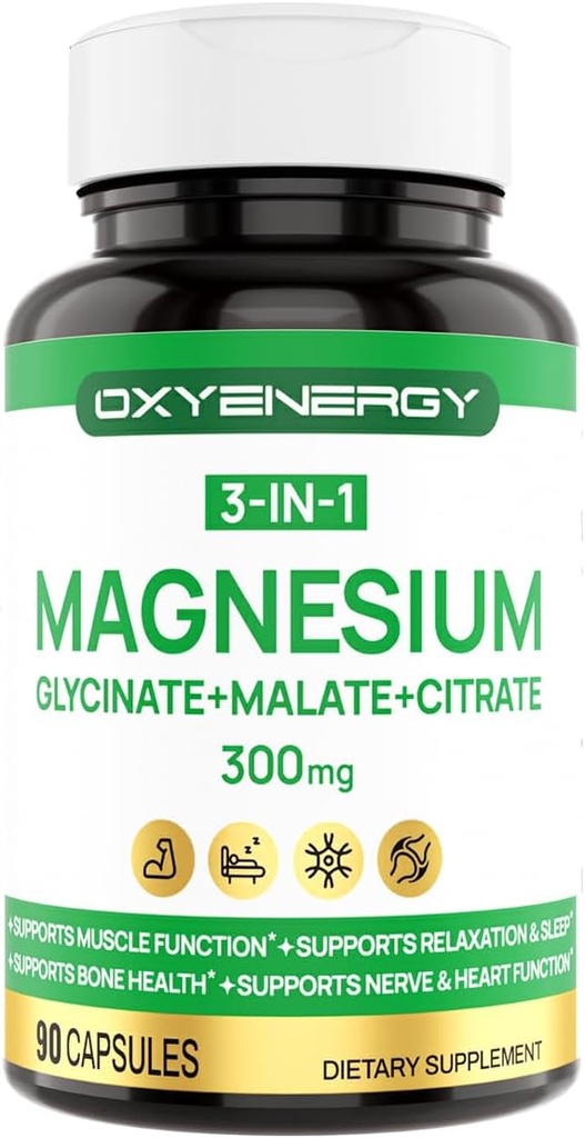 OXYENERGY 3 1 Kompleks Magnezyum Supplement, Triple Magnezyum Capsules 300mg ile Glycinate Malate Citrate, Chelated, Vegan, High Abors ve Bioavailability, 90 Capsules