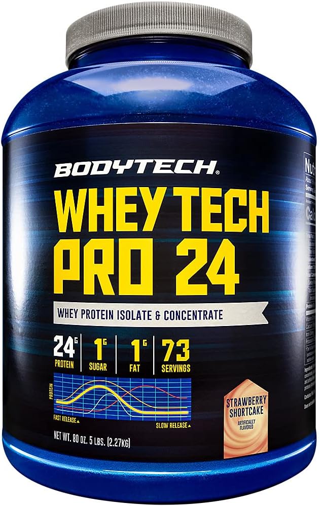 BODYTECH Whey Tech Pro 24 Protein Toz - Protein Enzyme Ölçeği BCAA & Recovery, Post-Workout Muscle Building - Strawberry Shortcake (5 Pound)