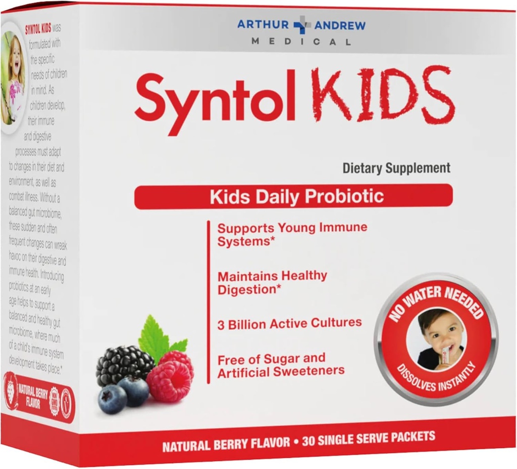 Arthur Andrew Medical, Syntol Kids, Daily Probiyotik Supplement for Digestive Health and Young Immune Systems, No Sugar or Yapay Sweeteners, Berry Flavor, Vegan, 30 Sachets
