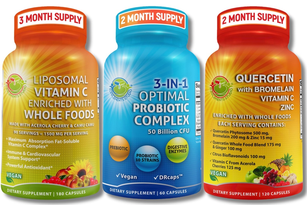 Immune & Gut Health Sche – 3in-1 Probiyotik with Enzymes & Prebiyotik + Quercetin with Bromelain, çinko, C & Organik Tüm Gıdalar + Liposomal Vitamin C 1500 mg with Organic Acerola & Camu Camu Camu Camu Camu Camu