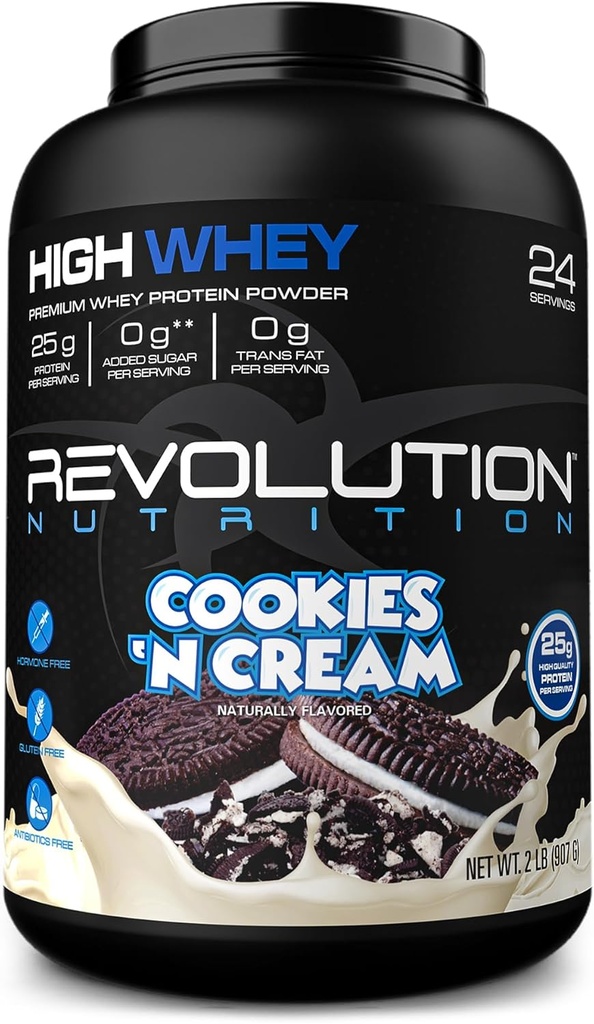 Revolution Nutrition, High Whey, Protein Powder 2LB, Whey Isolate, Gluten Free, Lean μυϊκή μάζα για τους άνδρες και τις γυναίκες, 25g πρωτεΐνης ανά Scoop, 908 g, 24 σέρβις (Cookies & Cream, 2 Λίρες)