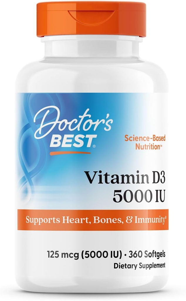 Doktor'un En İyi Vitamin D3 5.000 Sağlıklı Kemikler, Dişler, Kalp ve Immune Desteği, Non-GMO, Gluten-Free, Soy Free, 360 (Kap 1)