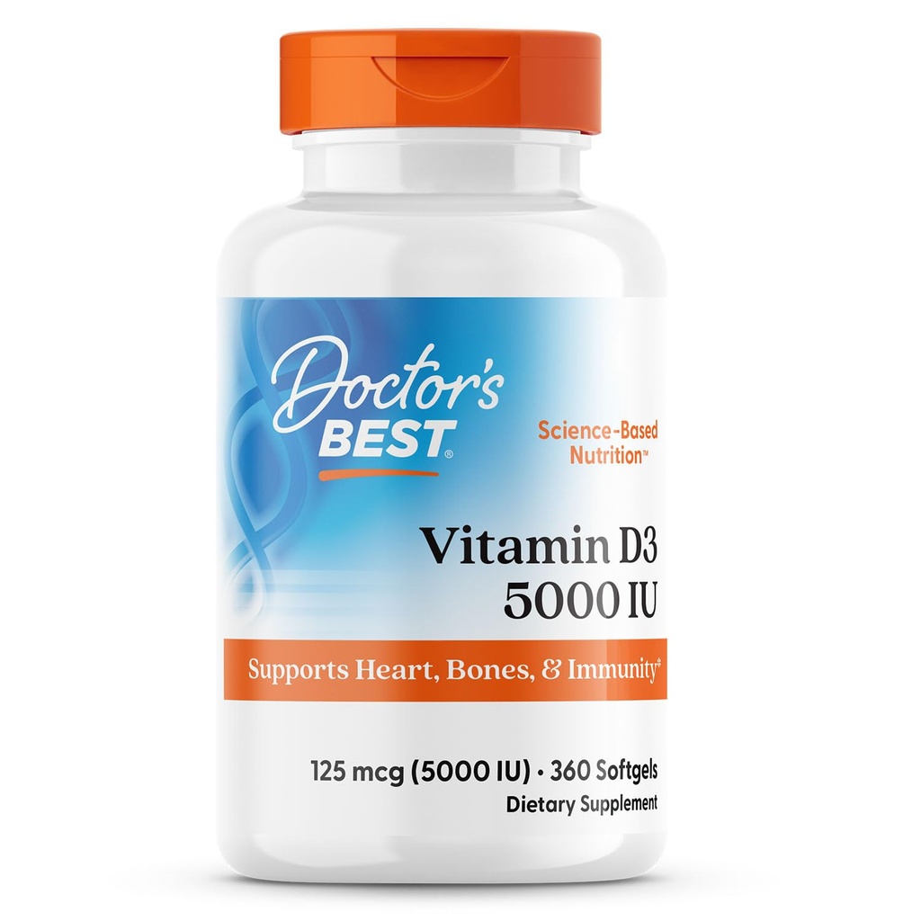 Doktor'un En İyi Vitamin D3 5.000 Sağlıklı Kemikler, Dişler, Kalp ve Immune Desteği, Non-GMO, Gluten-Free, Soy Free, 360 (Kap 1)