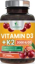 Vitamin D 2000 IU 50mcg Per Tablet - Vitamins D3 & K2 (MK7) Complex Supplement for Bone, Teeth, Muscle, Calcium Absorption, Supports Immune & Heart Health, Chewable Formula USA Bottled - 120 Tablets