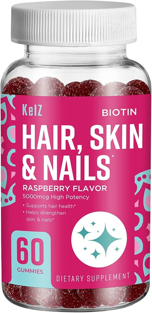 KelZ Biotin Saçları, Skin & Nails Supplement Gummies, Raspberry Flavor, 60 Kont ( 1)