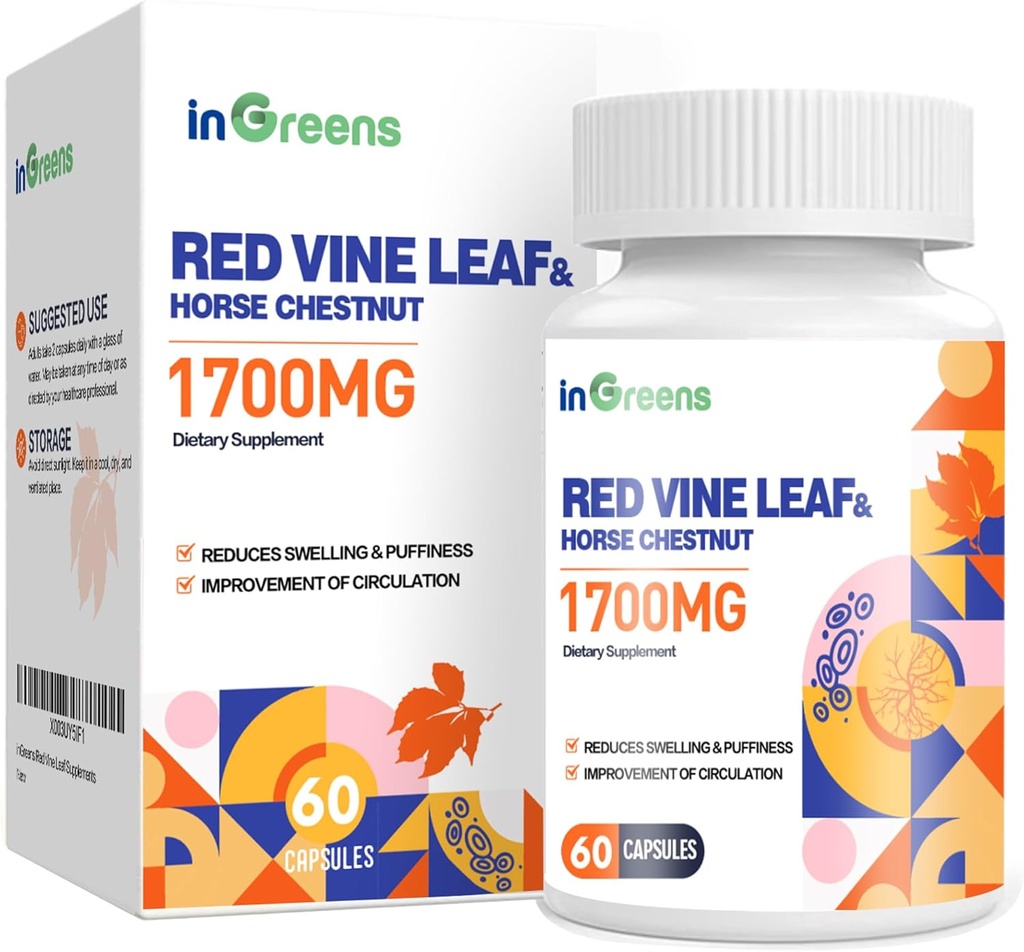Red Vine Leaf Extract 1700 mg & Horse Chestnut Extract Supplements, Supports Vein, Skin Health, Circulation for Legs (1Pack)