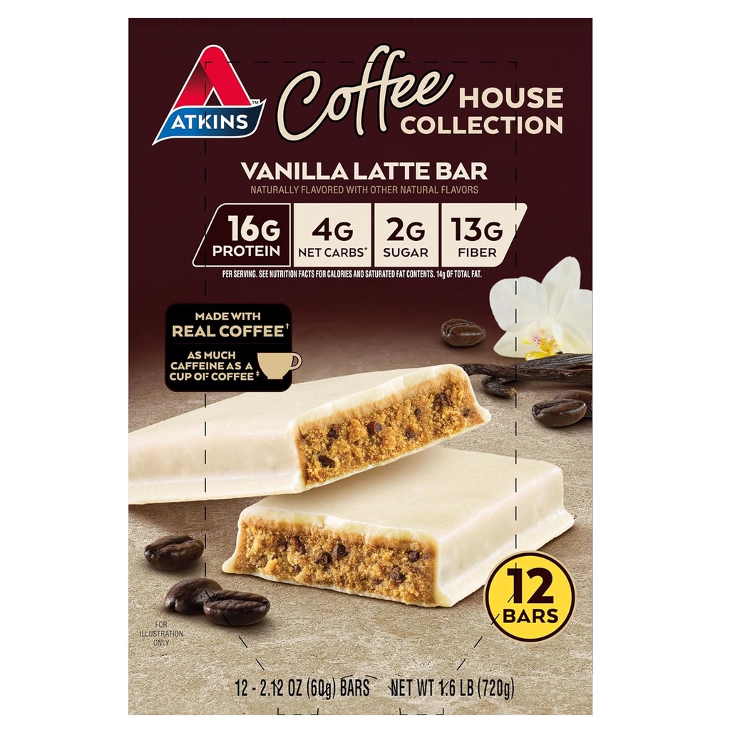 Atkins Coffee House Collection Vanilla Latte Bar, 16g protein, 2g Sugar, 4g Net Carbs, 13g Fiber, 12 Count