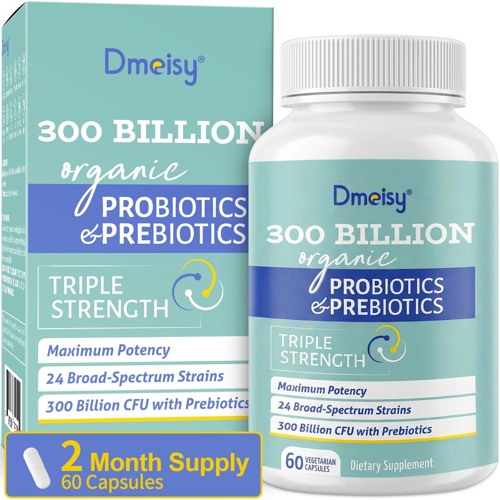 Kadınlar ve Erkekler için probiyotikler, 300 milyar CFU 24 Strains Probiyotiks + 15 Organik Herbs Prebiyotikler, Raf Stable Gut Health Supplement for Digestive Immune & Whole-Body Health, 2 Ay Supply