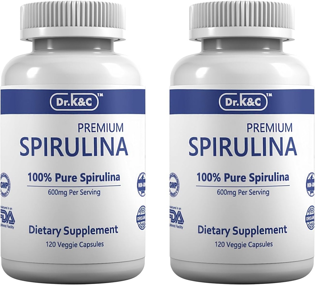 Dr.K&C Organik Spirulina Superfood Supplement – Pure Natural Blue Green Microalgae 600 mg 240 Veggie Capsules Health Immune System Antioksis Protein Fiber No Filler Non GMO Vegan 2pk