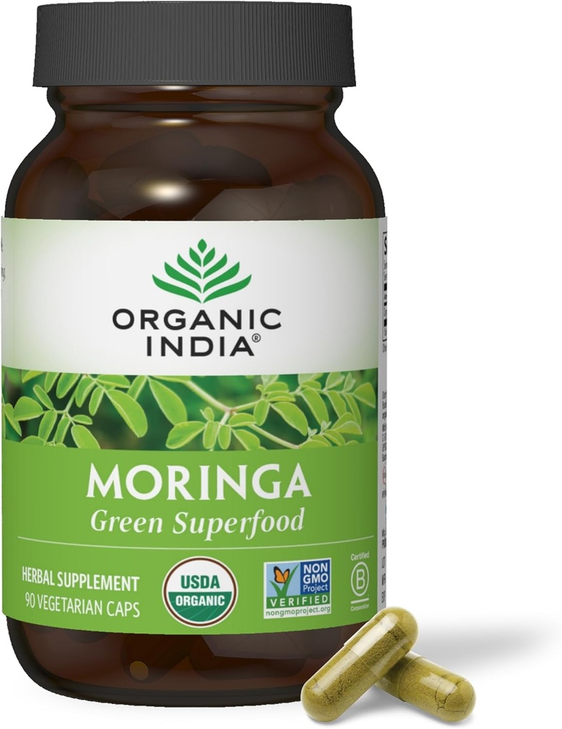ORGANIC INDIA Moringa Capsules Organik - Moringa Supplement - Green Superfood, Moringa Leaf Capsules, Pure Supergreen, Vegan Greens, Nature's Multivitamin, Vegan, Gluten-Free - 90 Capsules