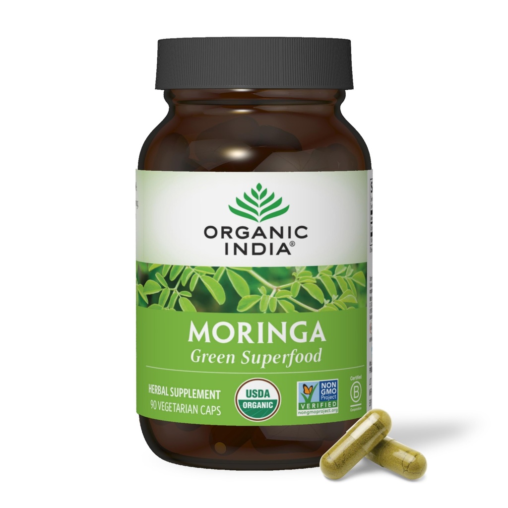 ORGANIC INDIA Moringa Capsules Organik - Moringa Supplement - Green Superfood, Moringa Leaf Capsules, Pure Supergreen, Vegan Greens, Nature's Multivitamin, Vegan, Gluten-Free - 90 Capsules