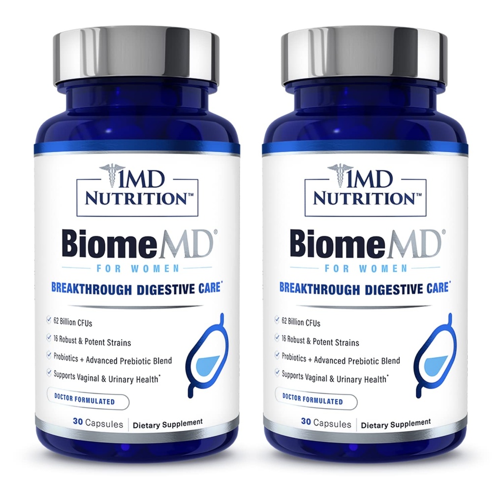 Kadınlar için 1MD Beslenme BiyomeMD Probiyotikleri - 62 Milyar CFUs, 16 Strains with Prebiyotiks | Supports Vaginal & Urinary Health - Doctor-Formated | 30 Capsules (2-Pack)