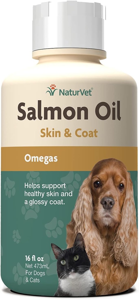 NaturVet Salmon Oil Skin Supplement for Dogs & Cats – Omega-3, 6 Fatty Asits - Sağlıklı Cilt için, Parlak Önler - Köpek Önü Tamamı, Cat Skin Supplement – 16 Oz.