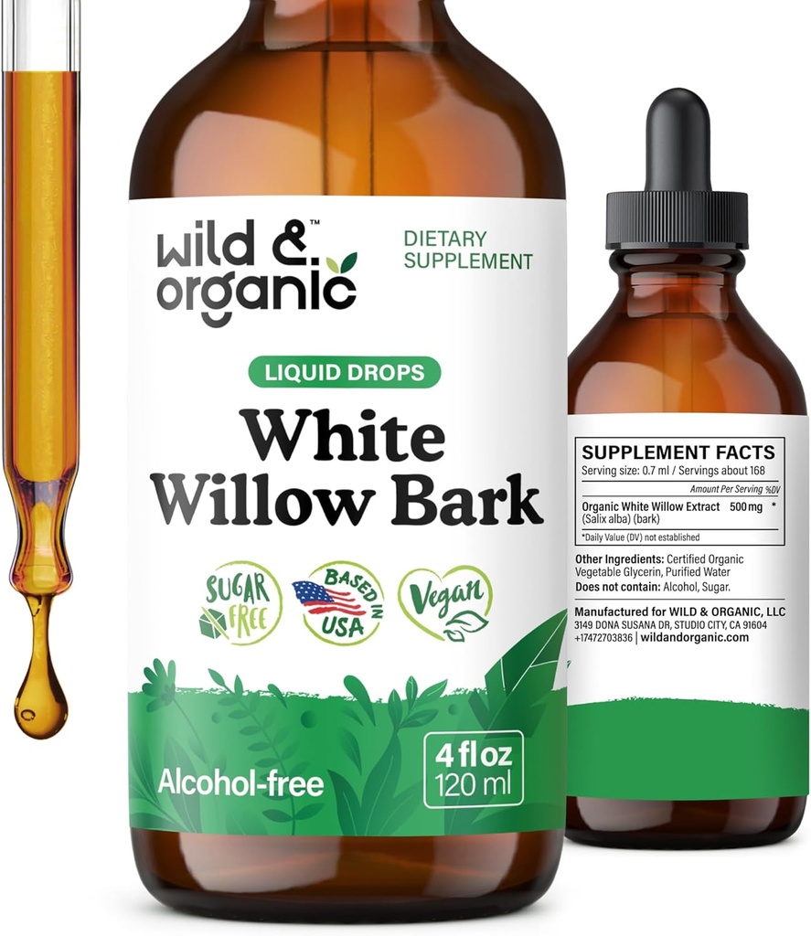 Wild & Organic White Willow Bark Tincture - Genel Destek için Sıvı Tamam - Alkol & Sugar-Free White Willow Extract Drops - Salix Alba Bark - Vegan, Hayır Katkıları - 4 fl oz