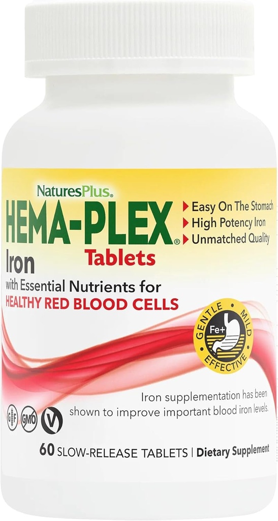 NaturesPlus Hema-Plex Iron - 60 Tabletler - 85 mg Elemental Demir + C & Bioflavonoyaklar Sağlıklı Kırmızı Kan Hücreleri - Vegan, Gluten Free - 30 Servisler
