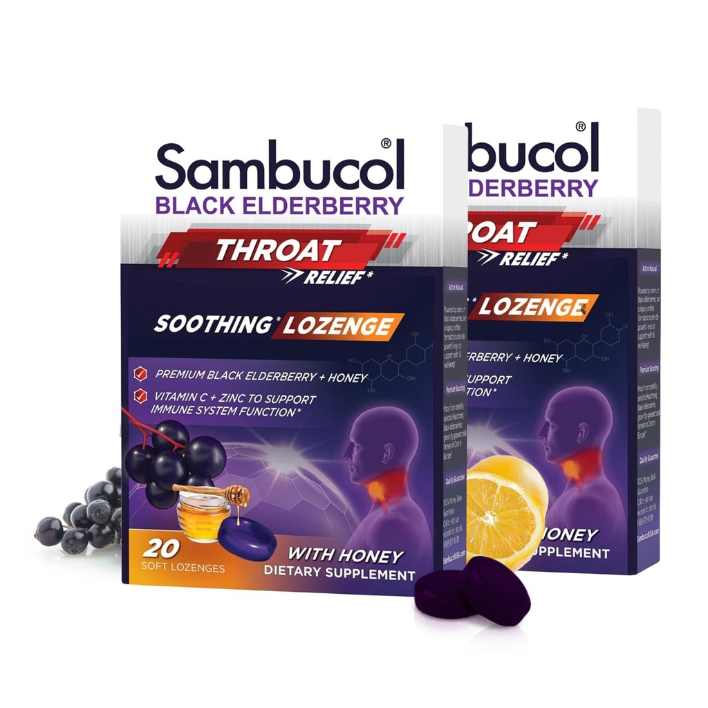 Sambucol Black Elder Throat Lozenge - Honey, C & çinko ile, Elder Lozenges Sore Throat & Cough, Soothes Shany Throat, Supports Immunity, Soft & Chewy - 20 Kont, 2Pack