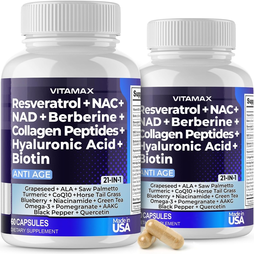 Vitamax Resveratrol NAD+ Berberine Hyaluronic Asit - Biotin Grape & Blueberry + NAC - Collagen Peptides - Saç, Nail, Skin & Ortak Supplement - 21-in-1 Kadın ve Erkekler - ABD'de Yapıldı - 120 Kont