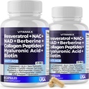 Vitamax Resveratrol NAD+ Berberine Hyaluronic Asit - Biotin Grape & Blueberry + NAC - Collagen Peptides - Saç, Nail, Skin & Ortak Supplement - 21-in-1 Kadın ve Erkekler - ABD'de Yapıldı - 120 Kont