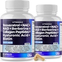 Vitamax Resveratrol NAD+ Berberine Hyaluronic Asit - Biotin Grape & Blueberry + NAC - Collagen Peptides - Saç, Nail, Skin & Ortak Supplement - 21-in-1 Kadın ve Erkekler - ABD'de Yapıldı - 120 Kont