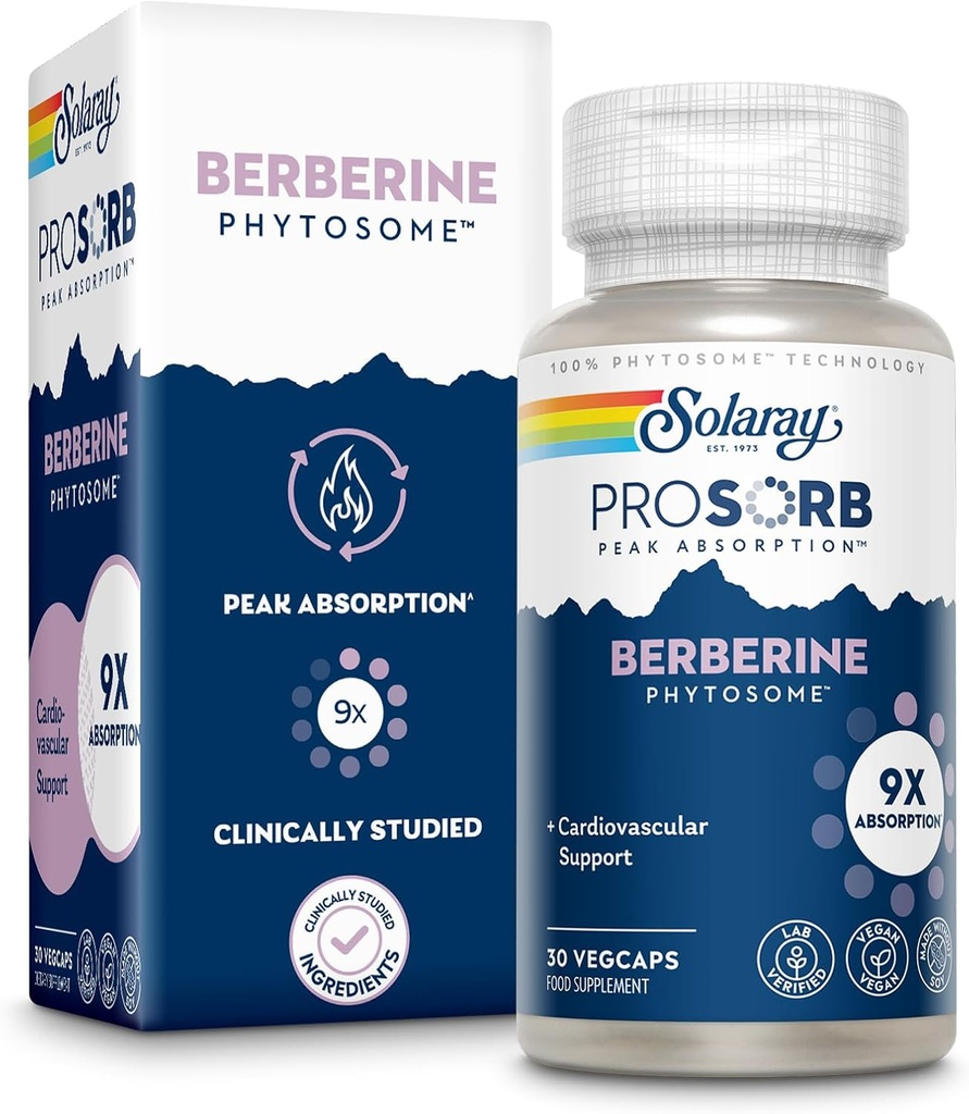 SOLARAY Berberine Phytosome - 9X Absiyon ve Easy-to-Digest - 30 Berberine HCl - Vegan, Soy olmadan Yapıldı - 60 Gün Garantisi - 30 Hizmet, 30 VegCaps