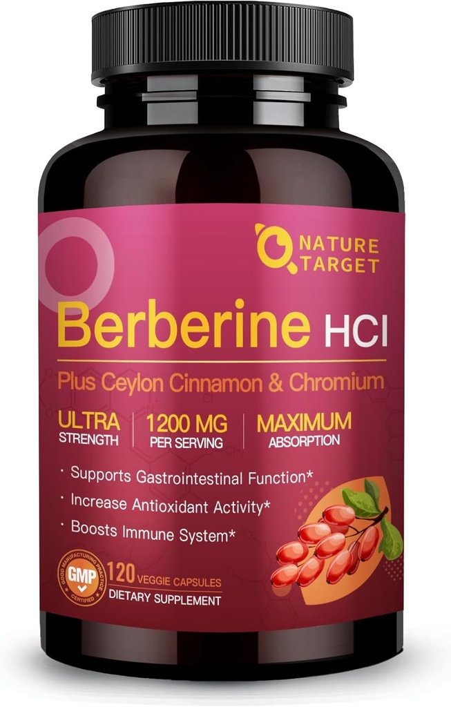 NATI TARGET Berberine HCl 1200 mg, Ceylon Cinnamon, Chromium - Destekler Immune, Gastrointestinal & Heart Health, Non-GMO, 120 Capsules