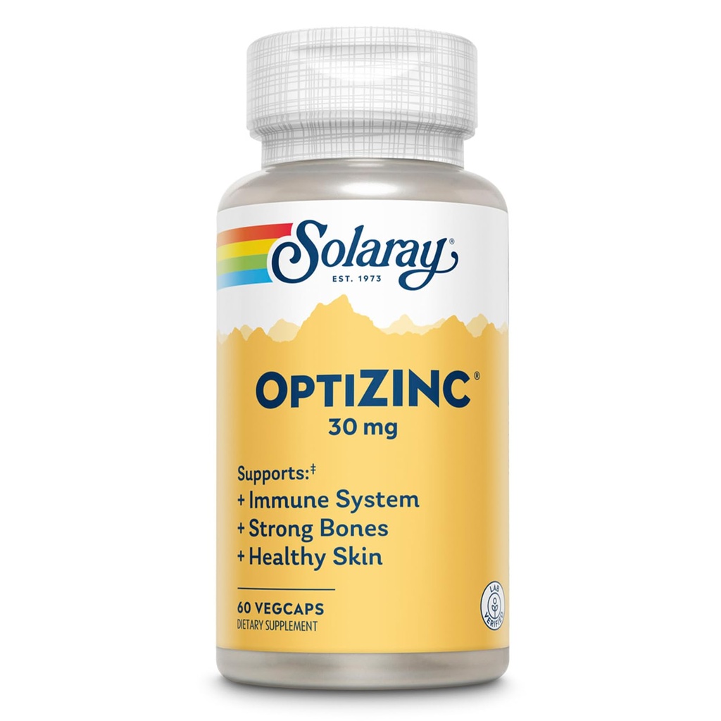 SOLARAY OptiZinc 30mg Immune Support Supplement - Crystal Supplements for Men and Women w/Vitamin B6 - Güçlü Bones and Skin Health Support - High Abxia - 60-Day Garanti, 60 Hizmet, 60 VegCaps