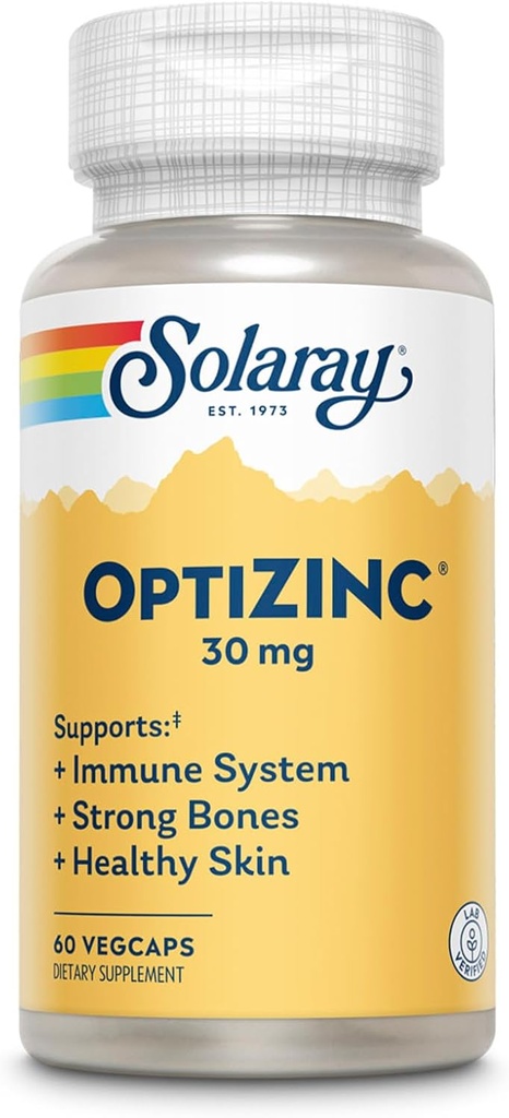 SOLARAY OptiZinc 30mg Immune Support Supplement - Crystal Supplements for Men and Women w/Vitamin B6 - Güçlü Bones and Skin Health Support - High Abxia - 60-Day Garanti, 60 Hizmet, 60 VegCaps