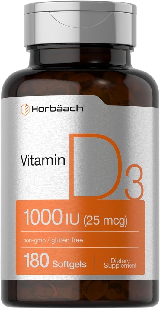 Horbäach Vitamin D3 1000IU (25) Softgels | 180 Kont | Yüksek Potency Formula | Non-GMO & Gluten Ücretsiz Supplement Supplement Supplement Supplement