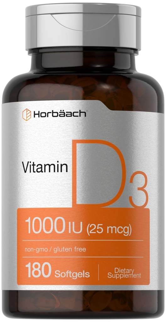 Horbäach Vitamin D3 1000IU (25) Softgels | 180 Kont | Yüksek Potency Formula | Non-GMO & Gluten Ücretsiz Supplement Supplement Supplement Supplement