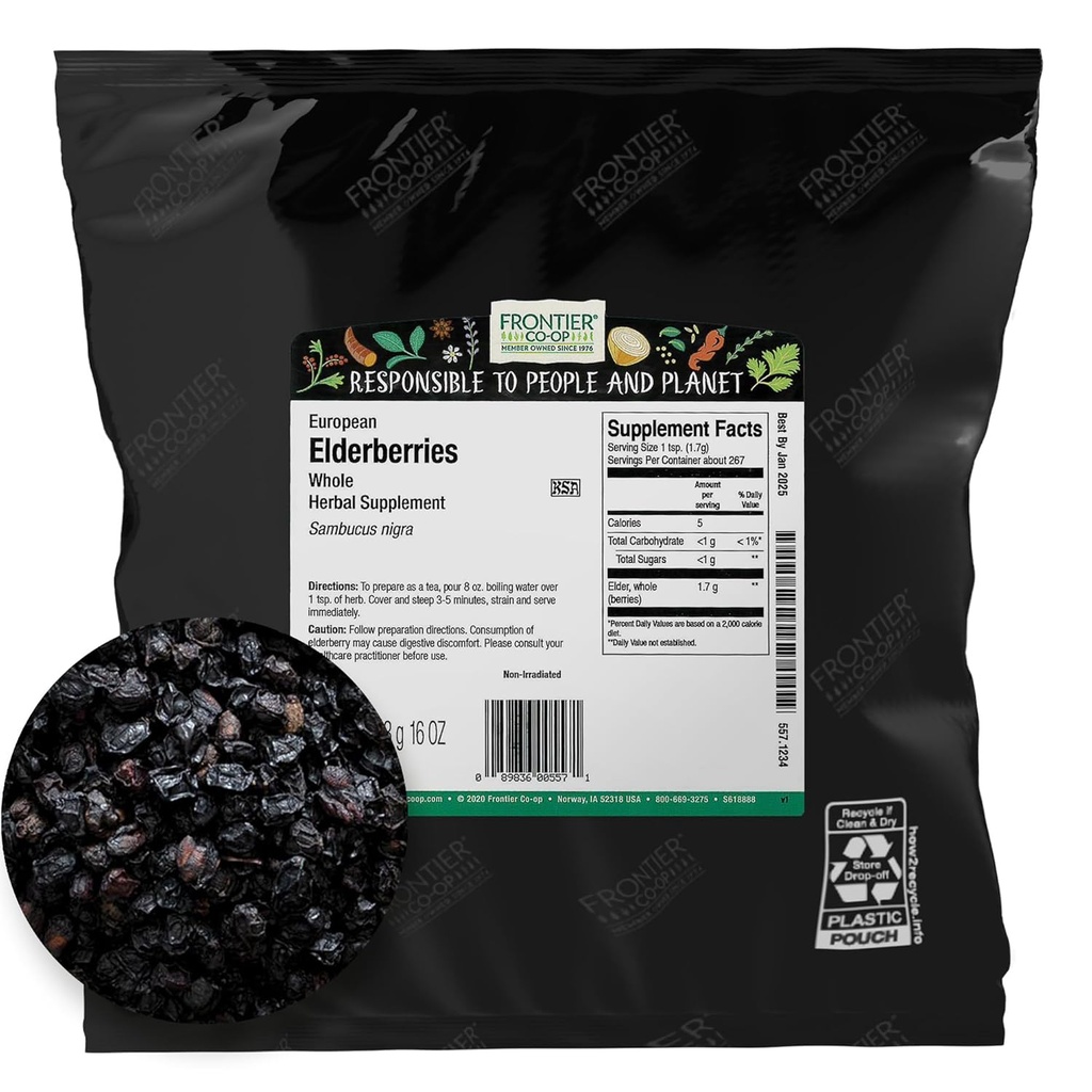 Frontier Co-op kuru Elderberries, 2lb Bulk Bag, Whole Cave - Kosher ve Non-GMO kuru Yaşlı Toz için meyve, Çay ve Syrup