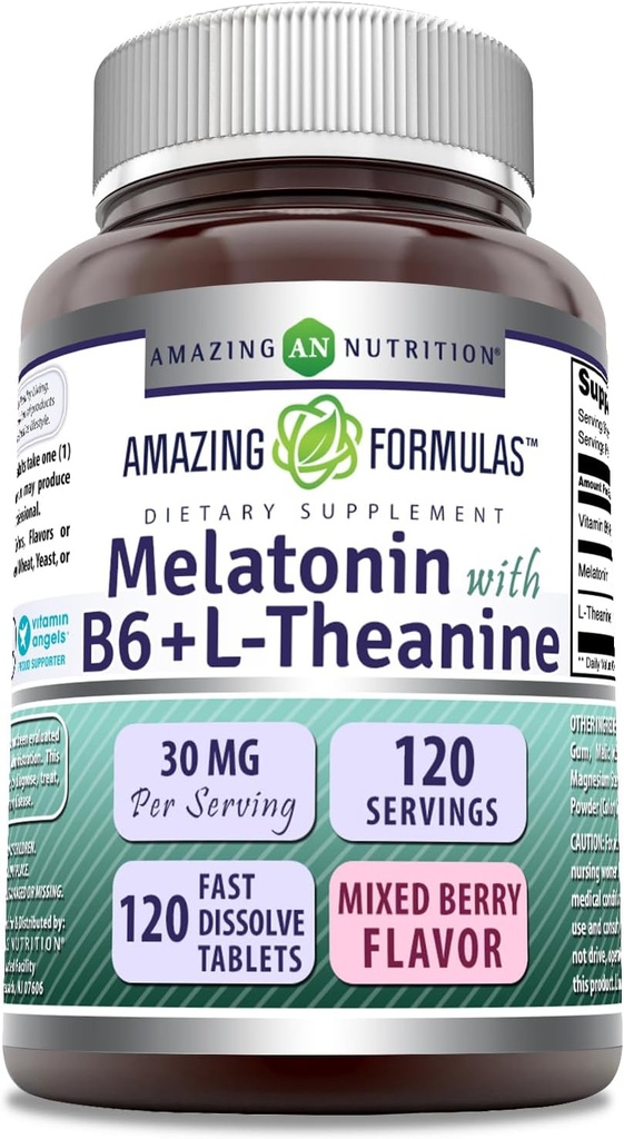 Amazing Formulas Melatonin B6 + L-Theanine Supplement | 30 Mg Per | Karma Berry Flavor | 120 Tabletler | ABD'de Yapılacak | Gluten Free | Made in USA