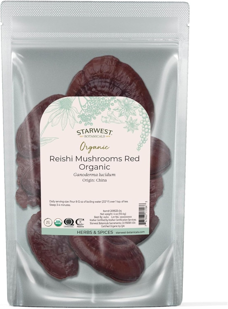 Starwest Botanicals Red Reishi Mushrooms Whole Organic - Kuru Reishi Mushrooms for Herbal Tea & Cooking, Ganoderma Lucidum, sertifikalı Kosher, Non-GMO - 4 oz Pouch
