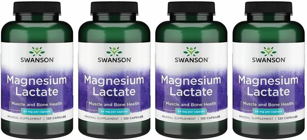 Swanson Magnesium Lactate - Mineral Supplement Promoting Muscle and Bone Health Support - Lactose-Free Lactate Mineral Form for Gentle Absorption - (120 Capsules, 84mg Each) 4 Pack