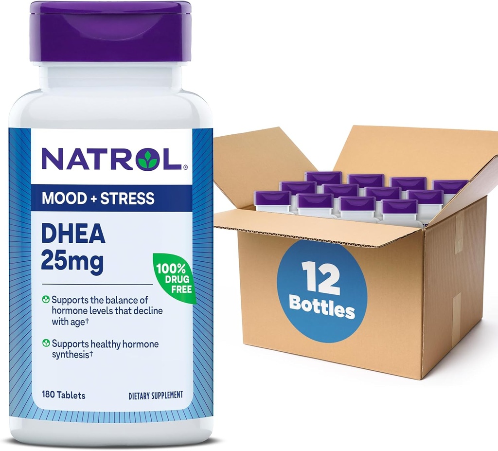 Natrol Mood & Stress DHEA 25mg με ασβέστιο, συμπλήρωμα διατροφής για την ισορροπία ορισμένων επιπέδων ορμονών και υποστήριξη διάθεσης, 180 δισκία, 180 ημέρες προσφοράς (πακέτο των 12)