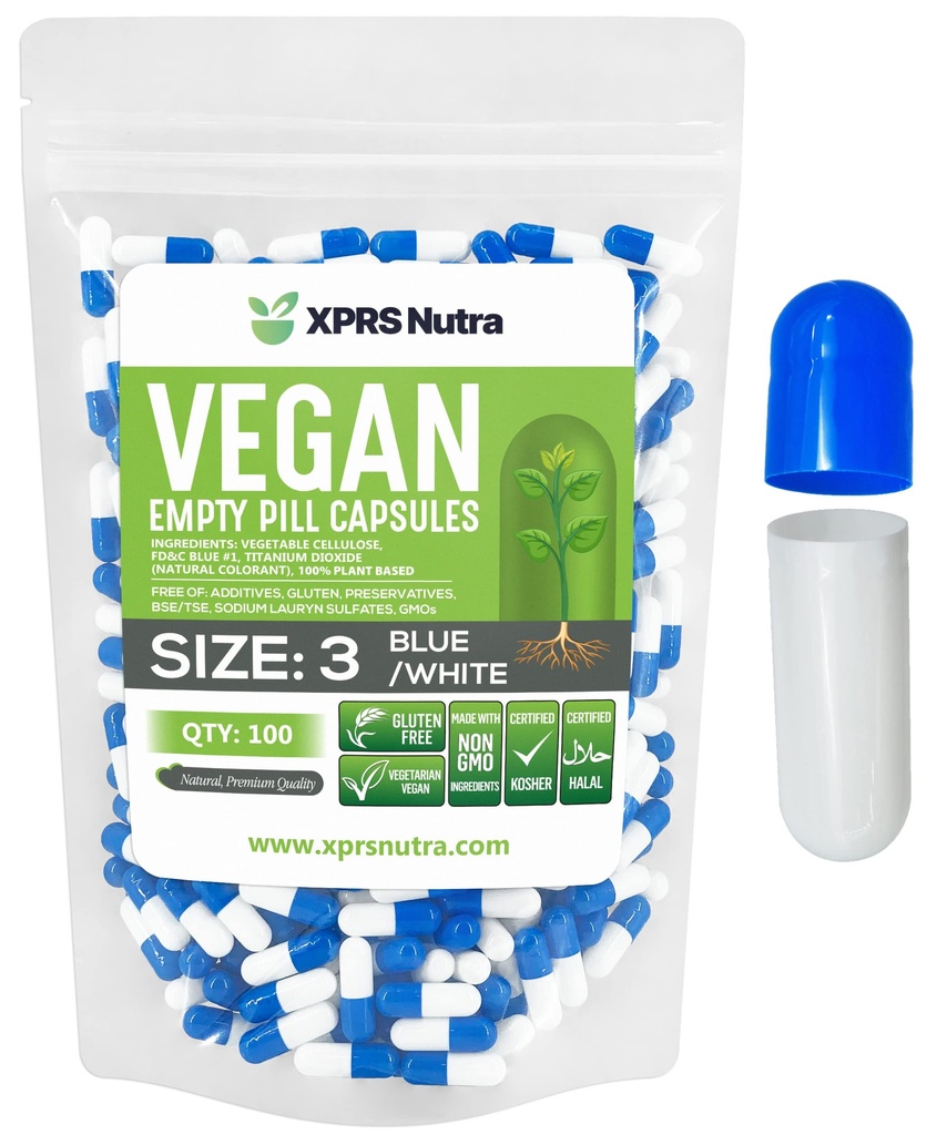 XPRS Nutra μέγεθος 3 άδειες κάψουλες - 100 κόμης Vegan - χορτοφάγοι άδειο κάψουλες χάπια - DIY κάψουλες λαχανικών γεμίζοντας - Veggie χάπια άδεια καπάκια (μπλε / λευκό)