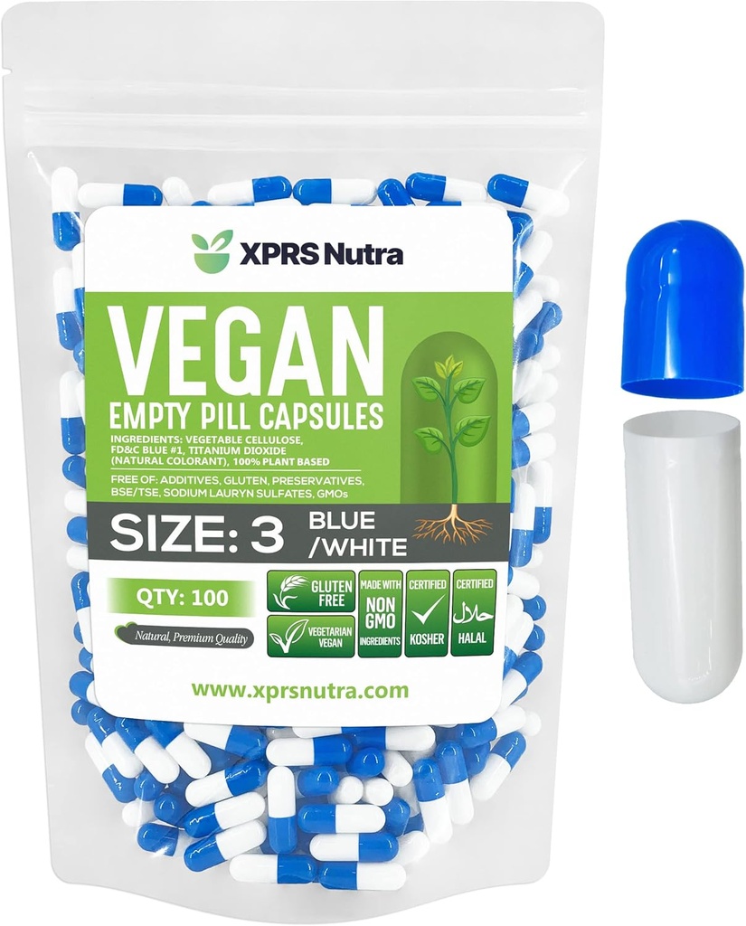 XPRS Nutra Boyutu 3 Boş Kapsül - 100 Kont Vegan - Vejetaryen Boş Pill Capsules - DIY Sebze Kapsülü - Veggie Pill Boş Caps (Mavi/Beyaz)
