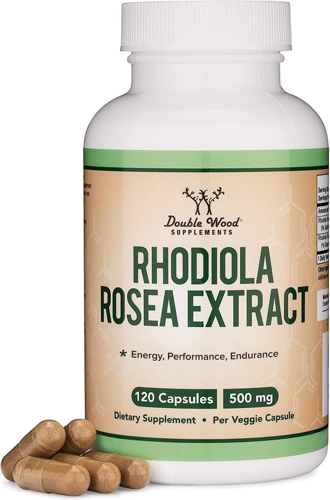 Rhodiola Rosea Supplement 500 mg, 120 Vegan Capsules (Third Party Test, Gluten Free, 3% Salidrosides,% 1 Rosavins Extract) for Performance, Calming, Motivasyon Double Wood