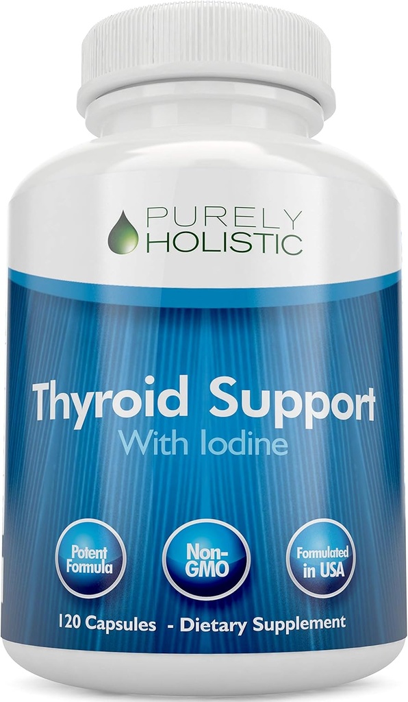 Purely Holistic Thyroid Support Supplement with Iodine - 120 Capsules - 2 Month Supply - with L-Tyrosine, B12, Magnesium, Ashwagandha, Kelp & More - Formulated for Women - Non GMO