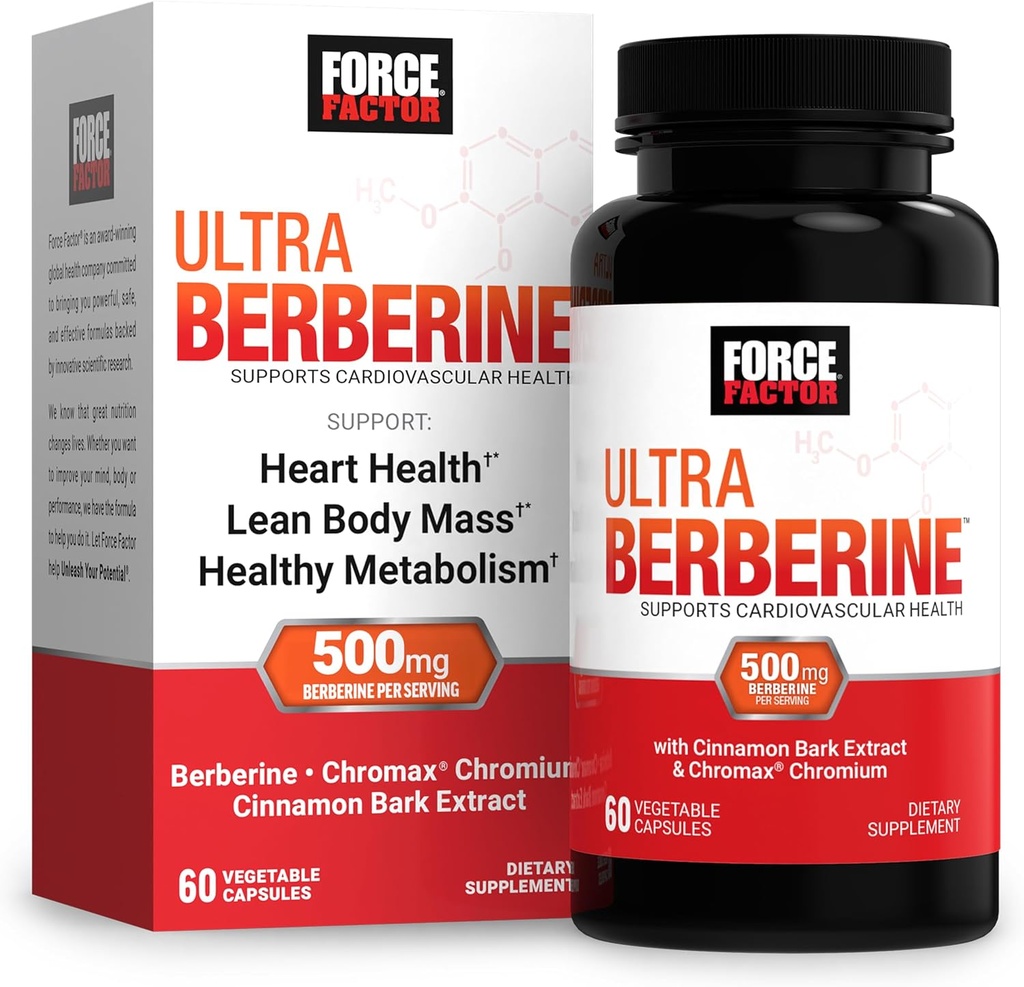 FORCE FACTOR Ultra Berberine, Berberine Supplement with 500mg Berberine HCl Plus Chromium & Cinnamon Bark Extract to Support Metabolism & Daily Wellness, Non-GMO, Gluten Free, 60 Vegetable Capsules