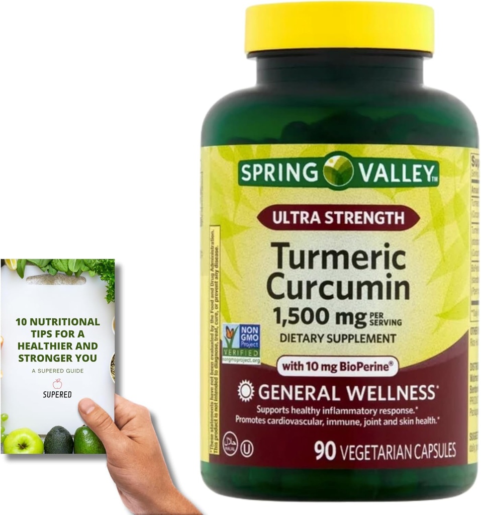 SupeRed Spring Valley Turmeric Curcumin Ultra Strength - 90 Count, 1.500 mg Vegeterian Κάψουλες - Περιλαμβάνει Nutritonal Guide' (2 αντικείμενα)