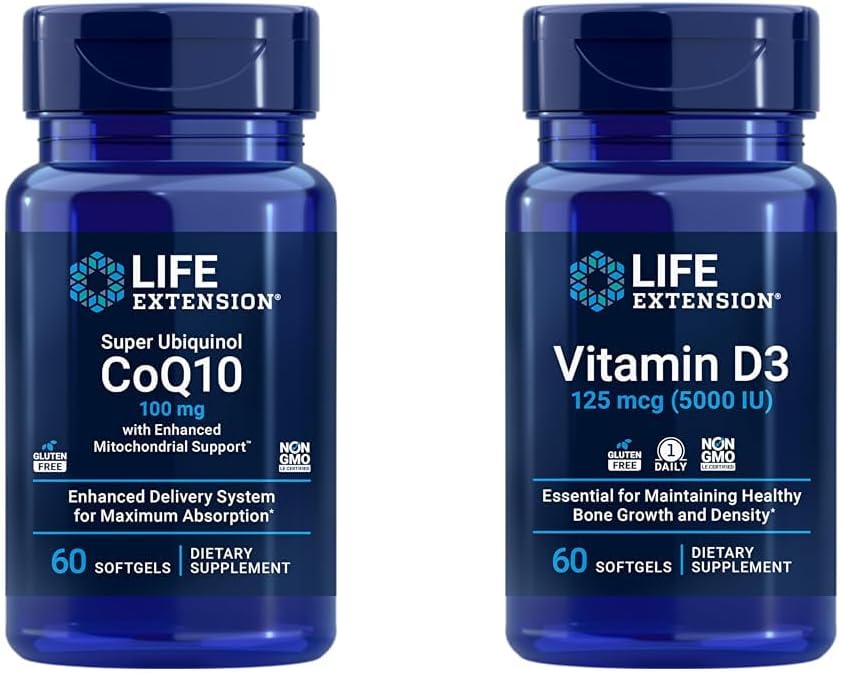 Επέκταση ζωής Super Ubiquinol CoQ10 με ενισχυμένη μιτοχονδριακή υποστήριξη & βιταμίνη D3 125 mcg (5000 IU), Υγεία των οστών