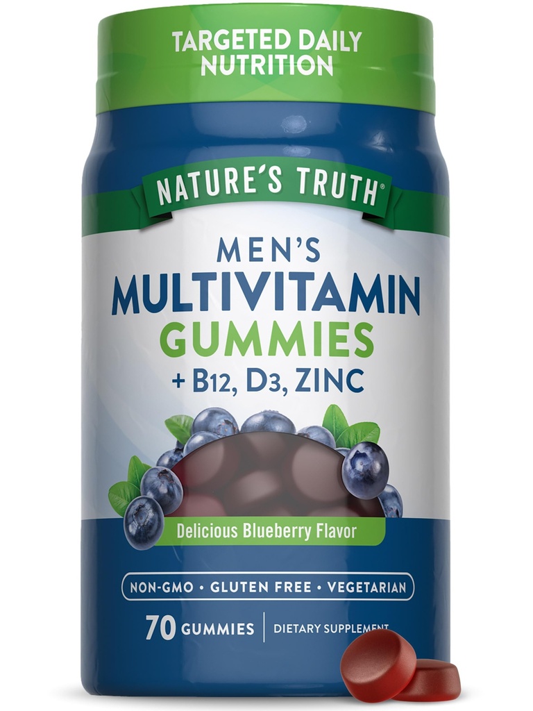 Nature's Truth Multivitamin for Men Gummies | 70 Kont | Blueberry Flavor | B12, D3 & çinko | Vegetarian, Non-GMO ve Gluten Free Supplement