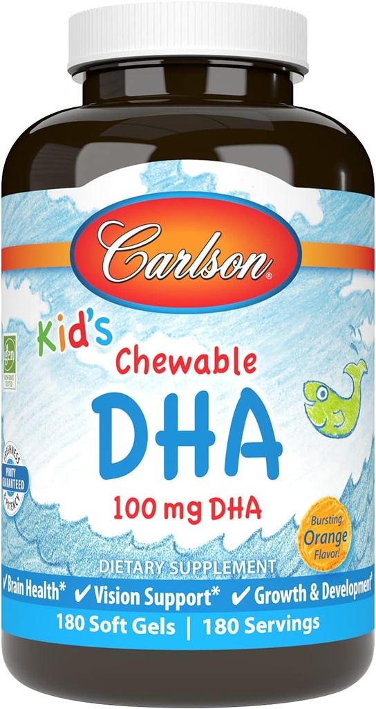 Carlson - Kid's Chewable DHA, 100 mg DHA, Beyin Sağlığı, Vizyon Fonksiyonu, Büyüme ve Geliştirme, Orange, 180 Chewable Softgels