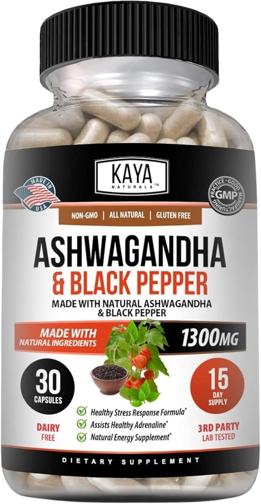 Kaya Naturals Ashwagandha Root with Black Pepper | En Güçlü 1300 mg Adaptogen Supplement, Support Adrenal, Glandular Health, Mood Relief, Focus, Energy & Vitality for Men & Women